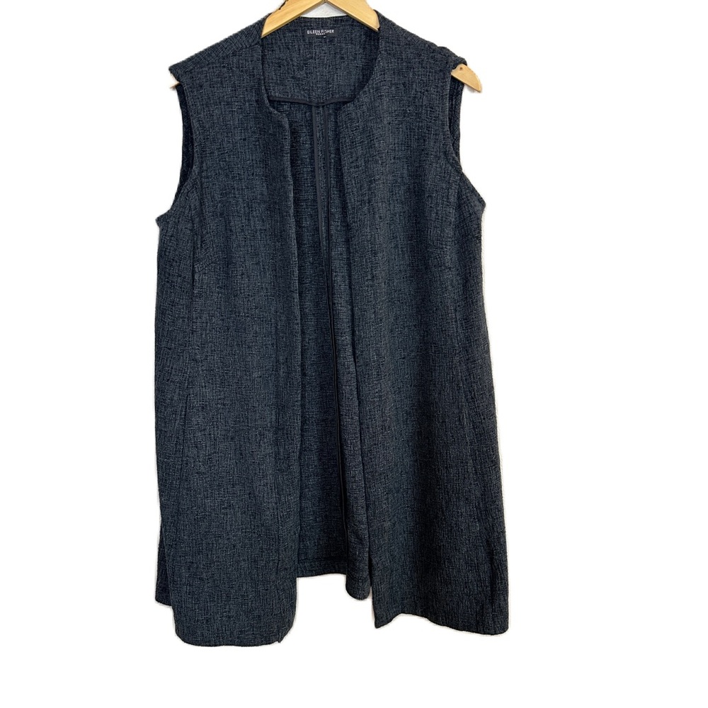 Eileen Fisher Women Black Gray Open Long Vest Sleeveless Women’s Sz Large